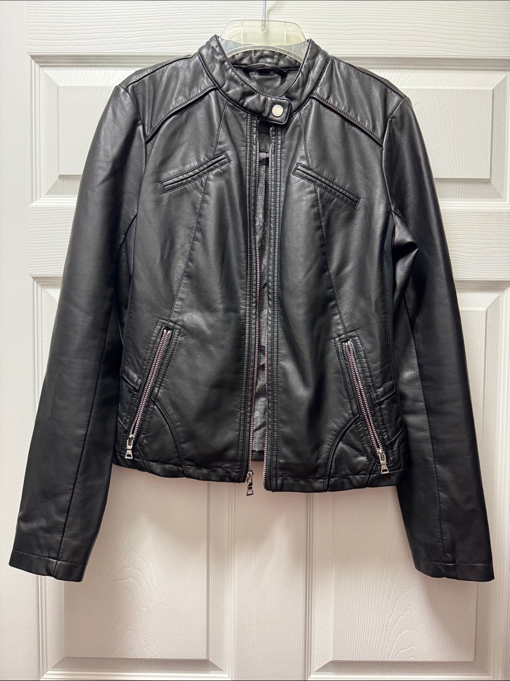 Guess Black Faux Leather Moto Jacket with Snap Collar Y2K